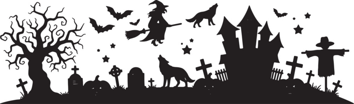 Vector silhouette illustration of a haunted mansion on a hill with a full moon, flying bats, leafless deciduous trees, and carved pumpkins isolated on a plain white background.