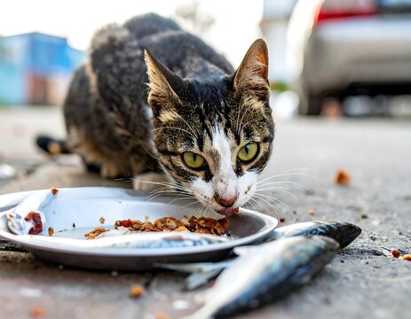 A hungry cat eats from a plate on the ground