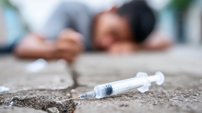 Syringe lying on rough concrete foreground with blurred person in background, depicting drug abuse, overdose, and substance addiction