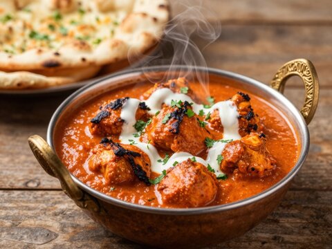 Gourmet butter chicken in a traditional copper karahi bowl with charred chicken in creamy tomato sauce, cilantro, cream swirl, and naan, rich Indian comfort food concept


