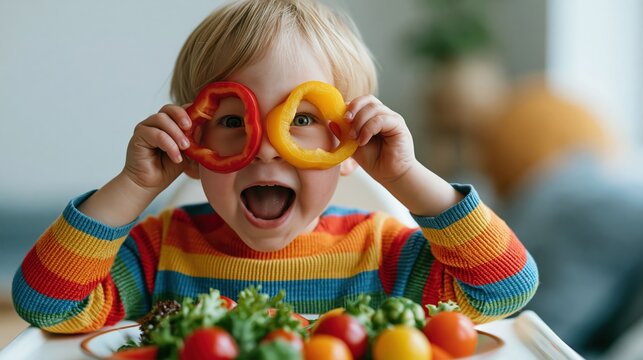 Joyful toddler plays with colorful bell pepper rings over eyes and eats healthy vegetables