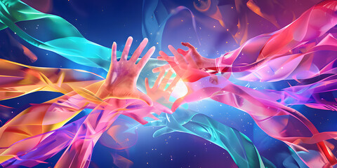 Obraz premium Hands reaching out amidst colorful flowing ribbons and light.