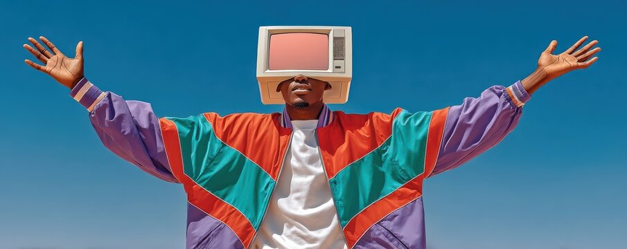 Man wearing vintage computer monitor helmet in colorful retro jacket raises arms outdoors against blue sky