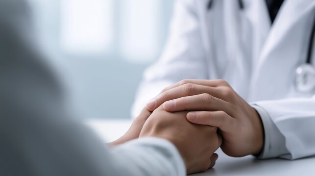 Doctor showing compassion and support, gently holding patient hand during a medical consultation, building trust and hope