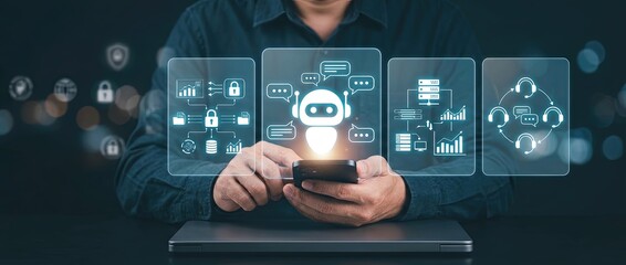 Obraz premium Innovative technology integration ai chatbot interaction business environment mobile device usage modern workspace digital communication enhancement
