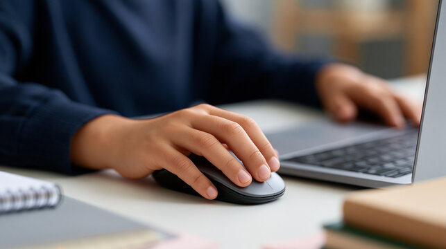 Child learning online, using computer mouse for digital education, exploring internet resources, studying new skills, connecting with technology at home