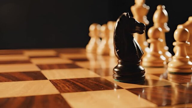 Closeup of a black knight chess piece on a wooden chessboard.