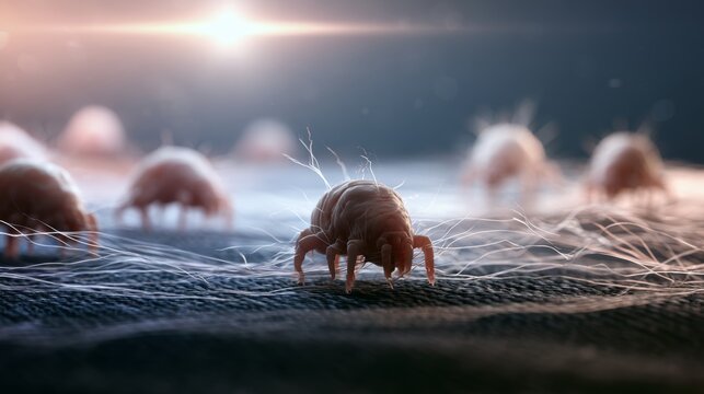 Dust mites crawling on textured fabric fibers, depicting common household allergens and microscopic infestations