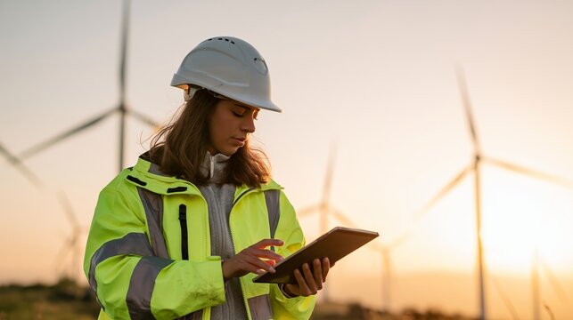 Woman engineer checking data on a digital tablet at a wind farm. Focusing on sustainability and clean power