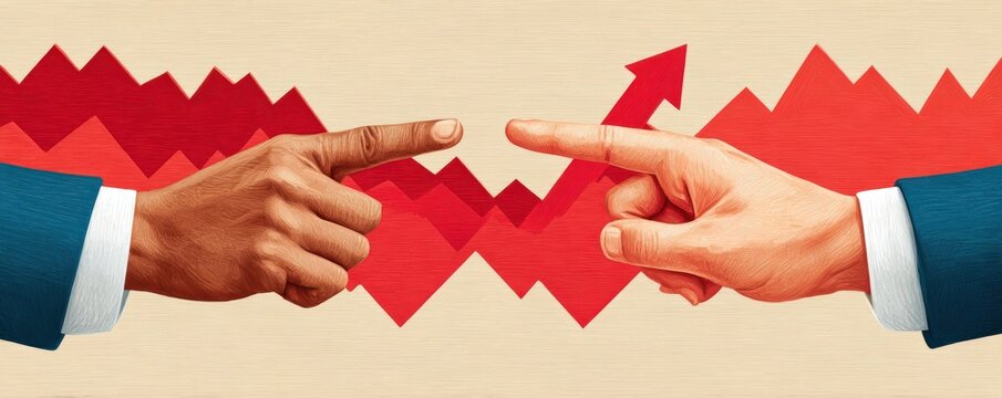 Business disagreement illustrated by two pointing hands and opposing market arrows indicating conflict and direction