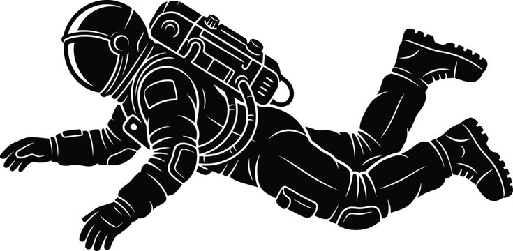 Astronaut floating in deep space vector silhouette graphic with zero gravity
