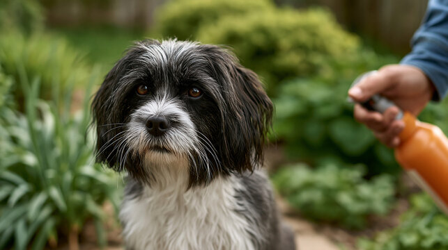 Shaggy dog receiving a preventative spray treatment for ticks and fleas outdoors in a garden, focusing on pet care, grooming, and health during springtime