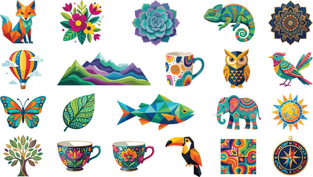 Low poly geometric vector animal and nature icon set with vibrant polygonal origami characters on white background