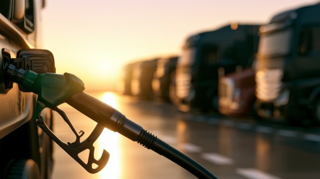 Green fuel nozzle filling vehicle tank with semi trucks in background, trucking logistics at golden sunset