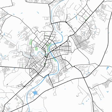Minimal vector street map of Oryol, Oryol Oblast, Russia. Detailed urban city plan with roads, highways, residential districts, river landscape, and surrounding natural areas. Modern cartography style
