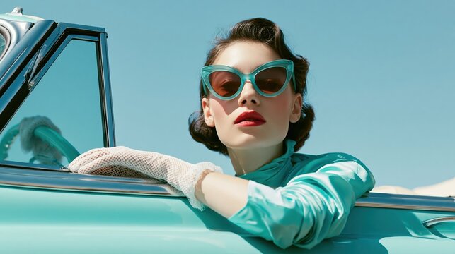 Retro woman with sunglasses and gloves leaning on a vintage car