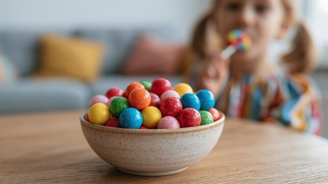 Colorful gumballs in a bowl with a child enjoying a lollipop in the background