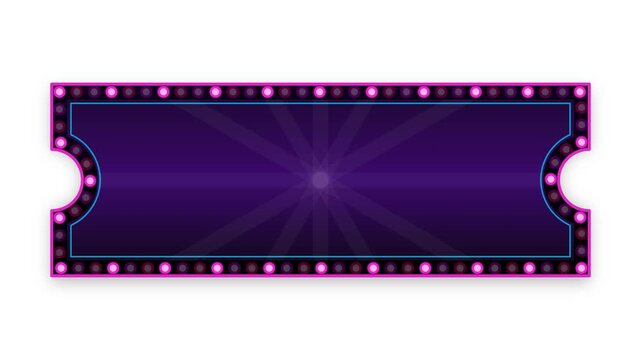 Neon cyberpunk retro ticket marquee with bright pink and cyan glowing flashing bulbs.