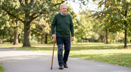 Fototapeta premium Senior man walking with a wooden cane and orthopedic knee brace in a park. Elderly male patient using mobility aid for joint support and movement rehabilitation