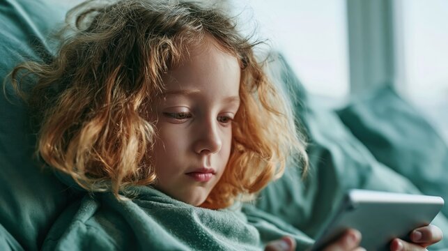 Young child engrossed in a digital tablet while resting comfortably on soft pillows