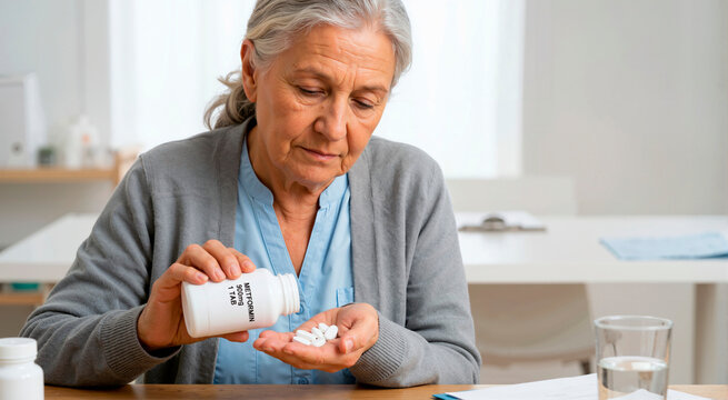 Senior woman pouring Metformin pills from a bottle into her hand at home. Older female patient taking prescription medication for type 2 diabetes treatment