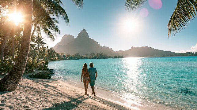 Romantic couple enjoying tropical honeymoon vacation on a beautiful beach at sunset with Mount Otemanu