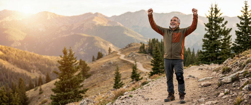 Happy senior man with knee brace raising arms in victory while hiking on mountain trail. Active aging and joint health concept