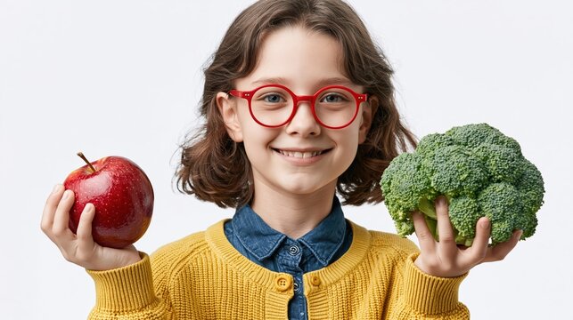 Smiling girl in glasses holds red apple and fresh broccoli, choosing healthy food