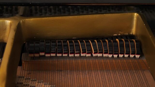Inside mechanism of a vintage grand piano with moving hammers during playing. Close-up shot of strings and damper action of an acoustic musical instrument