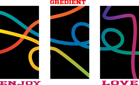 Abstract triptych with multicolored looping lines and text elements obedient enjoy love abstract triptych colorful creative
