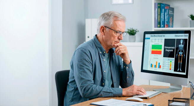Senior man reviewing bone mineral density test results on a computer monitor. Older male patient looking at an osteoporosis diagnosis and skeleton health check report