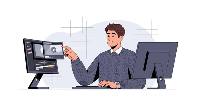 Man working on computer with video editing software on screen, multitasking concept