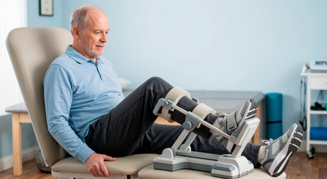 Senior man using a leg rehabilitation machine in a physical therapy clinic. Older male patient recovering from knee surgery or treating joint pain with medical equipment