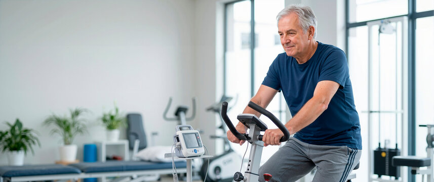Elderly man exercising on stationary bike in rehabilitation clinic. Senior male patient doing physical therapy for cardiovascular health