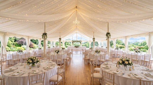 Elegant wedding reception setup with tables, flowers, and soft lighting in a marquee.