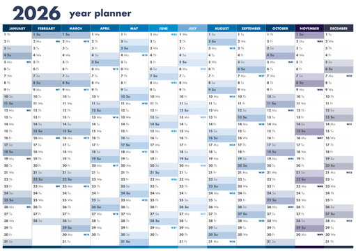 Yearly calendar for 2026, professional schedule planner for office organization, annual date tracker