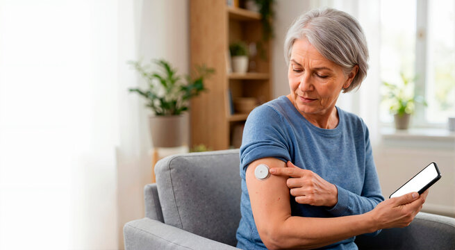 Senior woman pointing at a continuous glucose monitor patch on her arm while holding a smartphone. Older female diabetic patient using modern medical technology at home. Copy space on phone screen