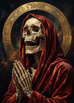 Praying Skeleton in a Red Hooded Robe with Golden Halo Dark Fantasy Portrait