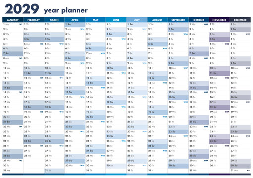 Flat lay of 2029 year planner calendar on office desk for schedule and business management