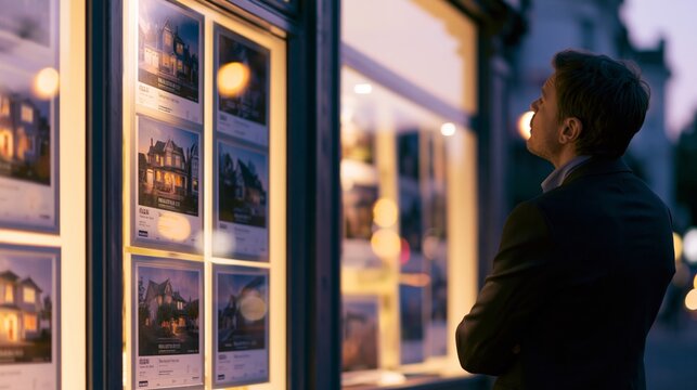 Man standing outside a real estate office at night, looking at house listings in the illuminated display window