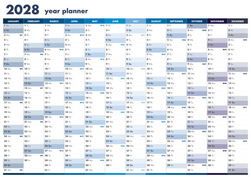 annual calendar planner for year 2028, organization schedule for business office, isolated on white background