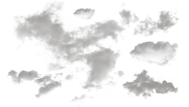 Scattered collection of textured gray cumulus clouds isolated as graphic design elements