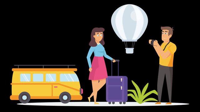 Holiday tour of a couple's flat illustration. Vacation on summer advertising concept of travel agencies 