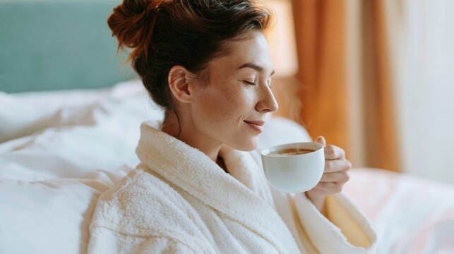 Woman in bathrobe enjoying a warm cup of coffee while relaxing in bed