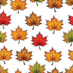 Fototapeta premium Bright watercolor maple leaves in rich autumn shades create a seamless fall pattern perfect for seasonal decor, fabric, wallpapers, packaging, Thanksgiving, and cozy designs.