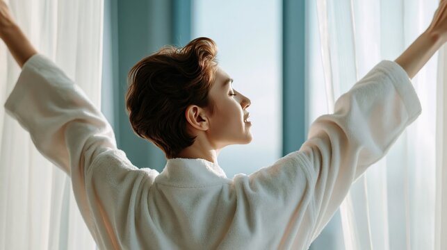 Woman in bathrobe stretching arms up towards sunlight by the window