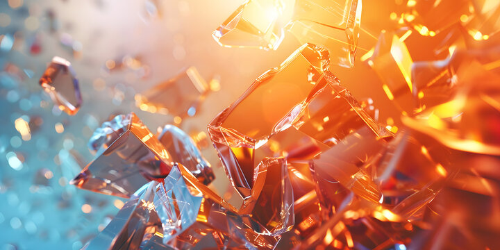 Shattered glass shards explode in warm orange and cool blue light.