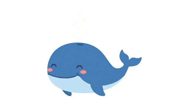 Cute cartoon blue whale smiling and blowing water vector illustration isolated on white background.