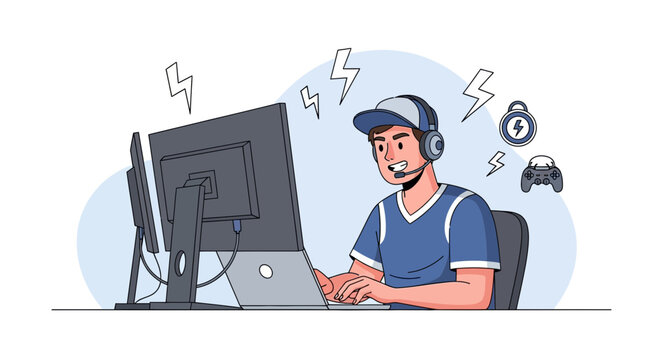 Young man plays video games intently, focused on his computer setup, esports theme