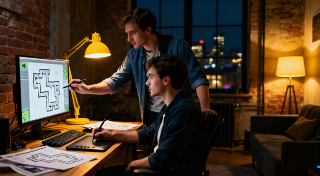 Male developers brainstorming video game level design during night shift